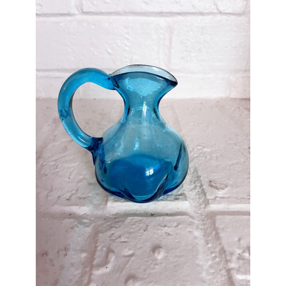 Vibrant Blue Glass Mini Pitcher - Hand Blown Glass Creamer - Retro Home Decor